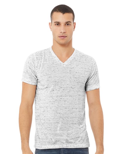 Load image into Gallery viewer, A person in a BELLA + CANVAS Textured Jersey V-Neck Tee, made from soft Airlume cotton and featuring versatile unisex sizing, stands facing forward against a plain background. With short hair and a neutral expression, their arms relaxed at their sides highlight the shirt's design.