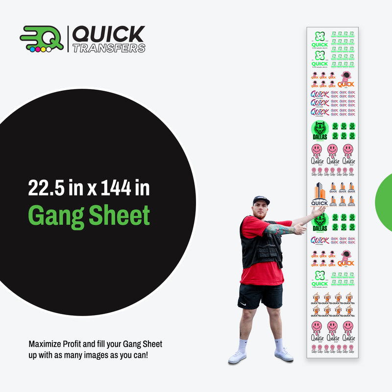Load image into Gallery viewer, A casually dressed individual gestures towards an impressive tall banner featuring a vibrant array of logo designs, emphasizing the 22.5 x 144 inch FASTFILM™ DTF TRANSFERS - Build a Gang Sheet by Quick Transfers. The message encourages users to increase profits with multiple images utilizing DTF gang sheet printing.