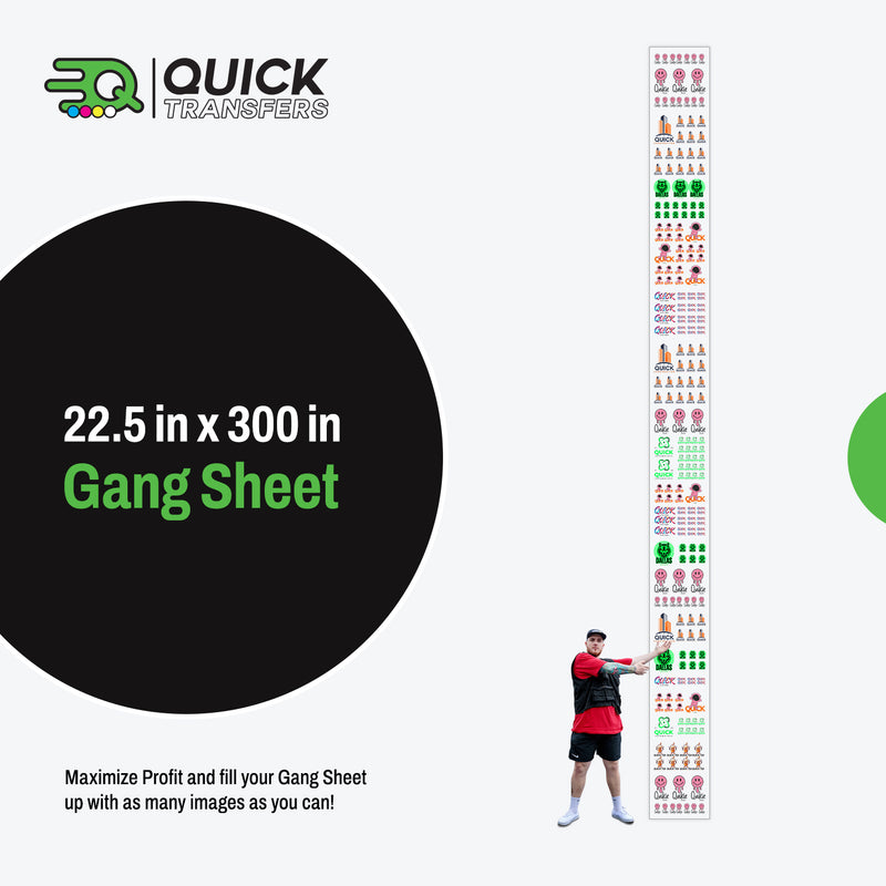 Load image into Gallery viewer, A man holding a long gang sheet showcasing vibrant patterns and designs. Text on the image reads, "22.5 in x 300 in Gang Sheet" and "Enhance Profitability with FASTFILM™ DTF TRANSFERS by utilizing your Gang Sheet to its fullest potential with as many images as possible! Brand: Quick Transfers.