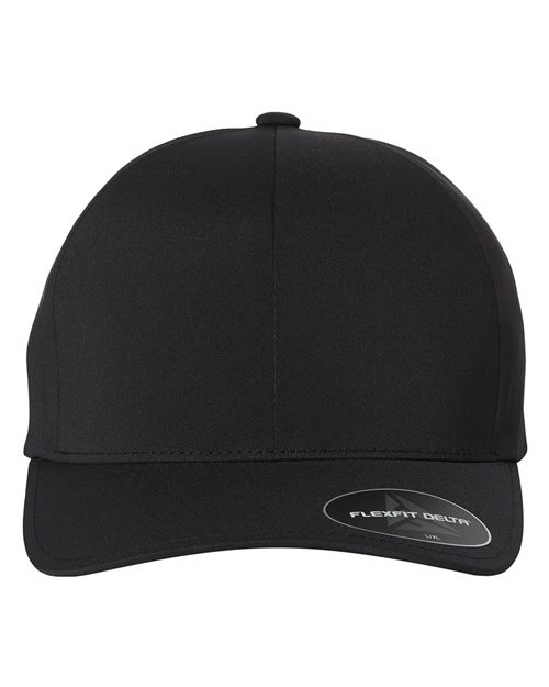 Load image into Gallery viewer, The Flexfit - Delta® Seamless Cap by Flexfit is a plain black baseball cap featuring a smooth surface with patented stain black technology, a slightly curved visor with a "Flexfit Delta" sticker, structured crown, anti-bacterial seam tape, and a top button.