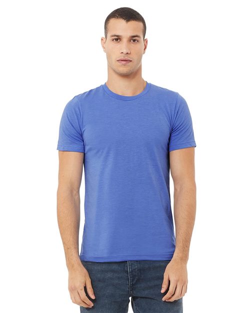 Load image into Gallery viewer, A person in a BELLA + CANVAS CVC Jersey Tee, made from cozy Airlume combed cotton, and blue jeans stands against a white background, facing forward with a neutral expression.