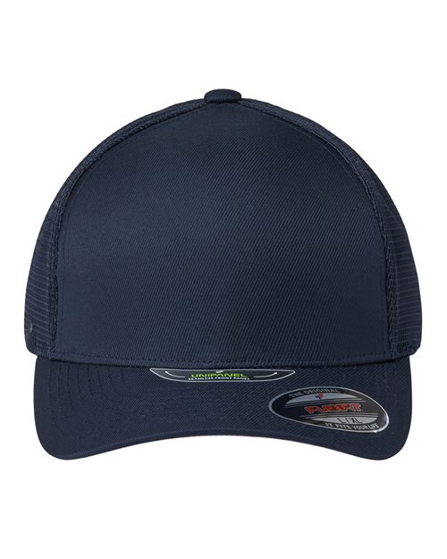 Load image into Gallery viewer, The Flexfit Unipanel™ Trucker Cap features a dark navy design with a pre-curved visor, mesh sides, and Flexfit technology for an ideal fit. Displayed front-facing, it includes a sticker on the brim.