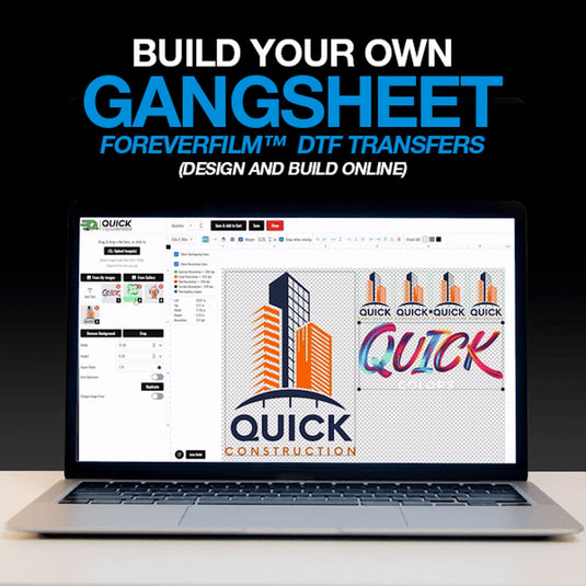 A laptop displays design software featuring the Quick Transfers logo, titled