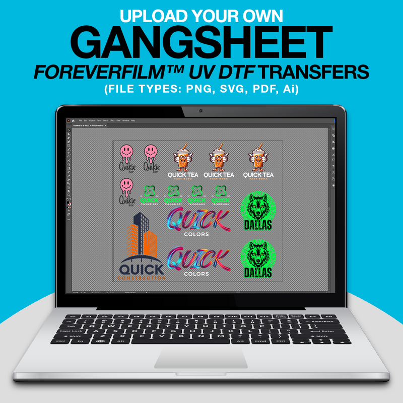 Load image into Gallery viewer, A laptop screen displays diverse graphic designs under the heading "UPLOAD YOUR OWN GANGSHEET" with supported file types: PNG, SVG, PDF, AI. Customize using FOREVERFILM™ 3D UV DTF TRANSFERS by Quick Transfers for vibrant visuals ideal for custom stickers.