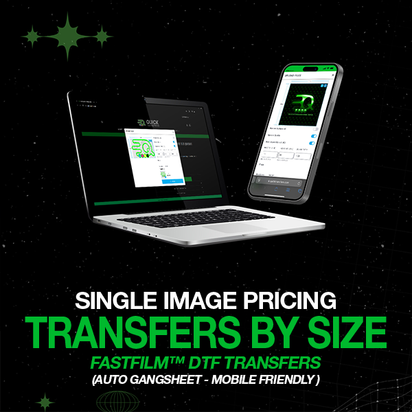 Load image into Gallery viewer, A digital ad features a laptop and smartphone with a sleek green and black interface displaying the Quick Transfers logo. It announces "FASTFILM™ DTF Transfers - Pricing by Size, High-Quality Auto Gangsheet Printing - Mobile Friendly" against a backdrop adorned with green stars.