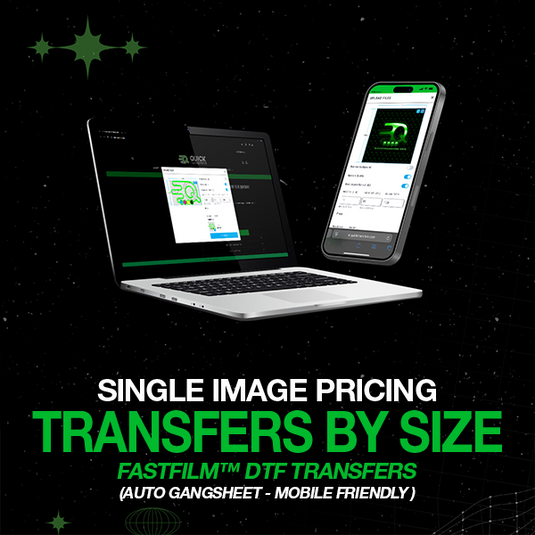 A digital ad features a laptop and smartphone with a sleek green and black interface displaying the Quick Transfers logo. It announces