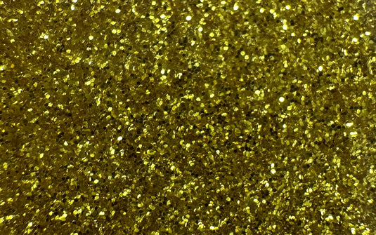 The image features a vibrant golden glitter texture with sparkling particles. Quick Transfers' EconoGlitter Vinyl 19.8" x 12" ensures this mesmerizing effect is durable and perfect for any project needing enduring brilliance.