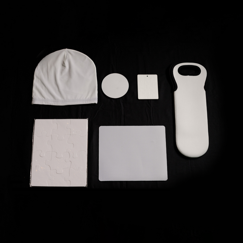 Load image into Gallery viewer, Quick Transfers' SUBLIMATION TRANSFERS - Transfers By Size offers assorted white items on a black background, including a beanie, circular discs, a rectangular tag, a bottle opener, and a square puzzle sheet. Perfect for bulk orders or creative sublimation designs with gang sheets.
