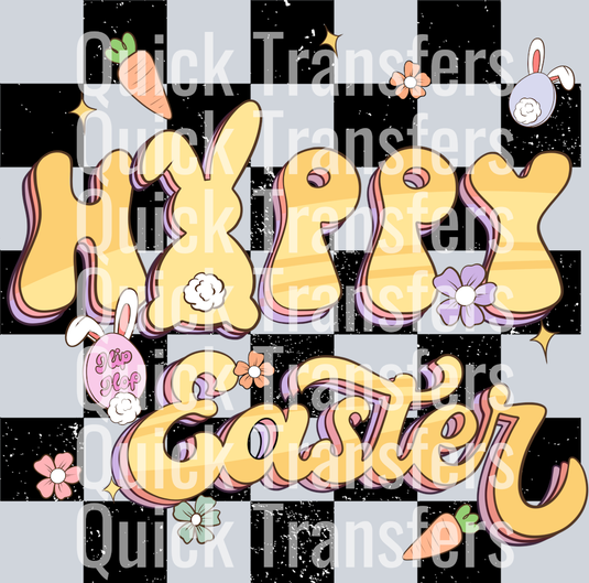 The Quick Transfers Adorable Happy Easter Pastel Bunny Floral Transfer features pastel lettering, bunny ears, tail, face, flowers, and carrots on a black and white checkered background—ideal for ready to press DTF transfers or custom apparel.