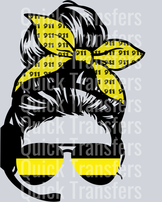 The Vibrant 911 Dispatcher Black And Yellow Lady Transfer by Quick Transfers features a woman with a headset, yellow sunglasses, and a
