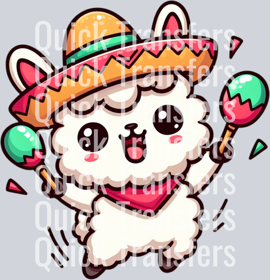 The Quick Transfers Adorable Fiesta Llama With Sombrero And Maracas Transfer features a cheerful cartoon llama in a sombrero and red bandana, holding maracas, with floral accents on a light background—ideal for DTF transfer projects.