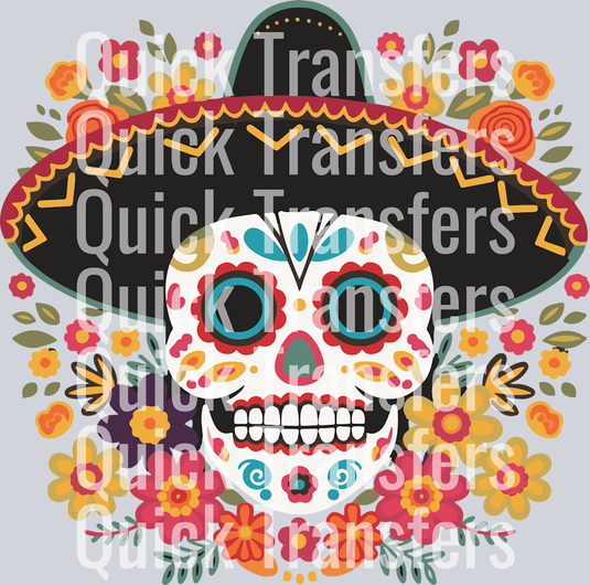 The Bold Day Of The Dead Sugar Skull Sombrero Transfer by Quick Transfers features a vibrant sugar skull in a black embroidered sombrero, surrounded by colorful flowers—a ready-to-press DTF design inspired by Día de los Muertos.