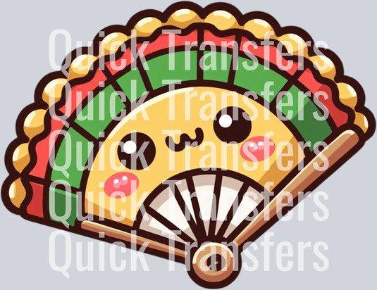 The Adorable Kawaii Taco Fan Ready To Press DTF Transfer by Quick Transfers features a smiling taco with rosy cheeks and big eyes, accented with a floral design—ideal for DTF or heat press projects.