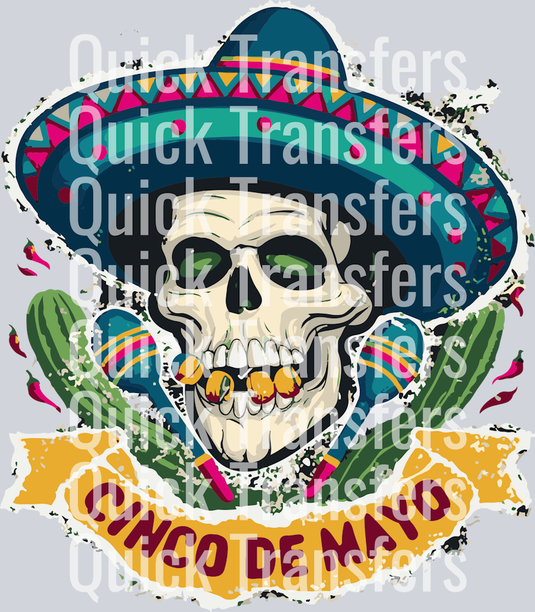 The Bold Fiesta Cinco De Mayo Skull Sombrero Cactus Transfer by Quick Transfers features a skull in a decorated sombrero, maracas in its mouth, floral accents, cacti, chili peppers, and a yellow