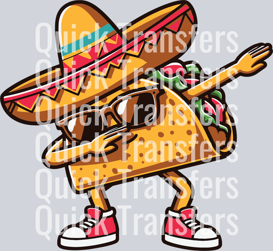 The Vibrant Dabbing Taco With Sombrero Cartoon DTF Transfer by Quick Transfers features a taco wearing a sombrero, sunglasses, and red sneakers in a dabbing pose. The image has a repeating