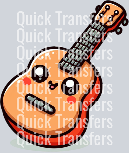 The Adorable Kawaii Acoustic Guitar Ready To Press Transfer by Quick Transfers features a happy cartoon guitar with sparkling eyes and rosy cheeks, perfect for DTF projects needing a vibrant, cheerful look.