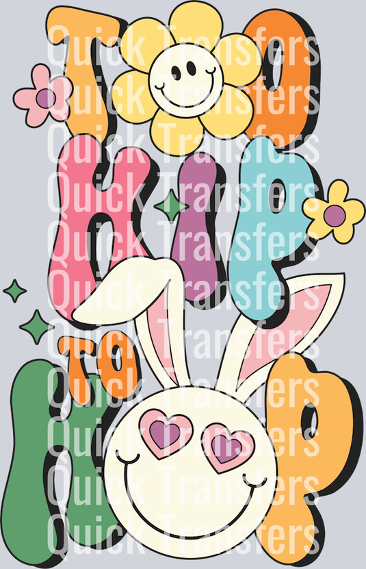 The Quick Transfers Adorable Pastel Bunny And Smiley Flower Spring DTF Transfer features colorful “HOP” cartoon text, a bunny and flower with heart eyes, pastel eggs, stars, and whimsical shapes—perfect for spring on a gray background.
