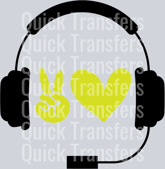The Dispatcher Peace Love Headset Premium DTF Transfer by Quick Transfers features a black headset framing a yellow peace sign and heart on gray. This Ready to Press transfer is ideal for easy heat press application.