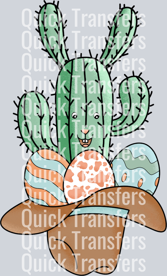 The Adorable Chibi Cactus With Cowboy Hat Easter Eggs Transfer by Quick Transfers features a smiling cactus in a brown pot, surrounded by Easter eggs—ideal for DTF transfers and custom apparel. Light gray background with repeated