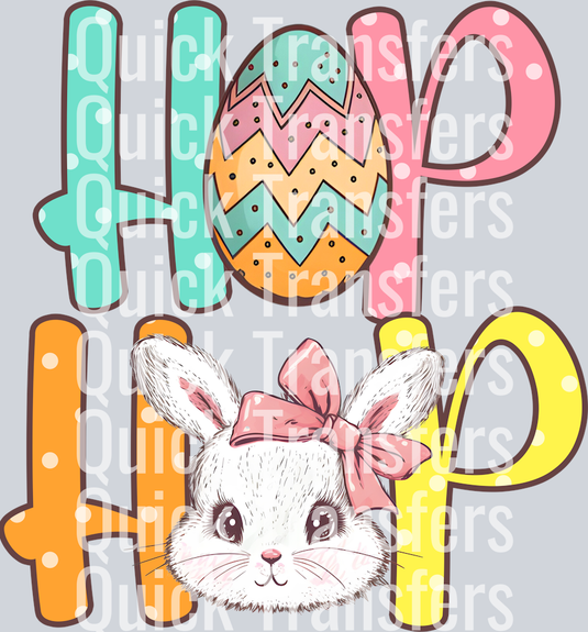 The Adorable Hop Hop Bunny With Bow And Easter Egg Transfer by Quick Transfers features