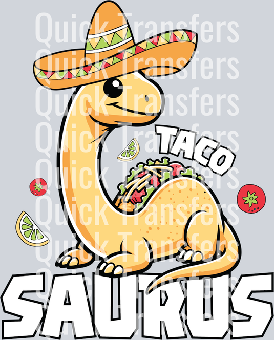 Adorable Fiesta Tacosaurus With Sombrero DTF Transfer by Quick Transfers features a cute yellow dino in a colorful sombrero with a taco, vibrant floral burst,