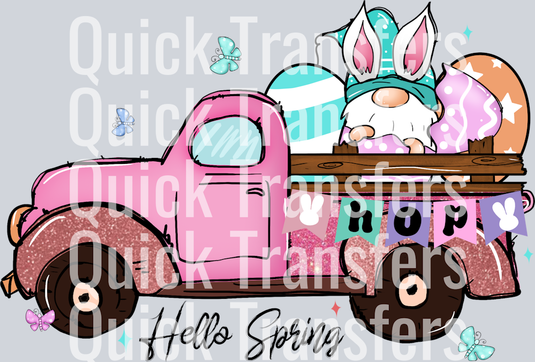 Quick Transfers’ Adorable Pink Easter Truck With Gnome Eggs DTF Transfer features a pink vintage truck with