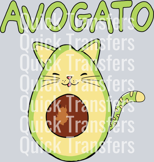 Quick Transfers’ Adorable Funny Avogato Cat Avocado Premium DTF Transfer features a cartoon cat with an avocado body, bold “AVOGATO” text, a floral accent, and is ready to press for vibrant fun designs.