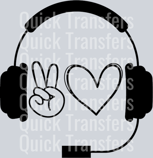 The Premium Dispatcher Peace Love Bold Headset DTF Transfer by Quick Transfers features a bold headset outline, peace sign hand, and heart within the head—ideal for apparel customization.
