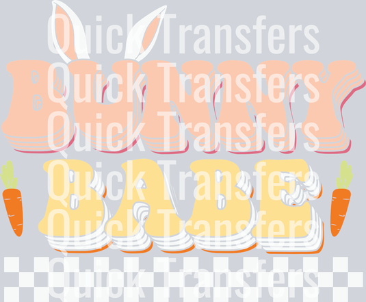 The Adorable Retro Bunny Babe Pastel Ears Carrot Transfer by Quick Transfers features “Bunny Bowl” in playful pastel letters with bunny ears on the