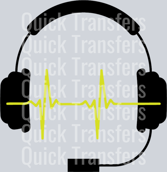 Illustration of a black Dispatcher Headset EKG Heartbeat Premium DTF Transfer by Quick Transfers, featuring a yellow electrocardiogram line on light gray with repeated