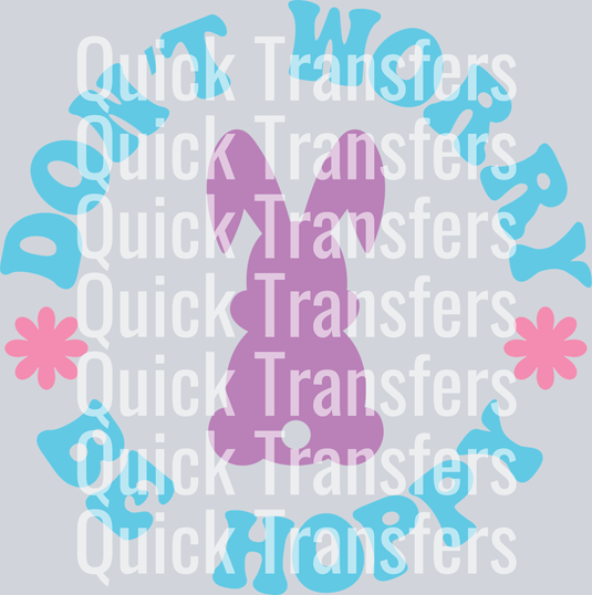 Quick Transfers’ Adorable Pastel Bunny Be Hoppy Floral DTF Transfer features a purple bunny silhouette, pink flowers, and blue