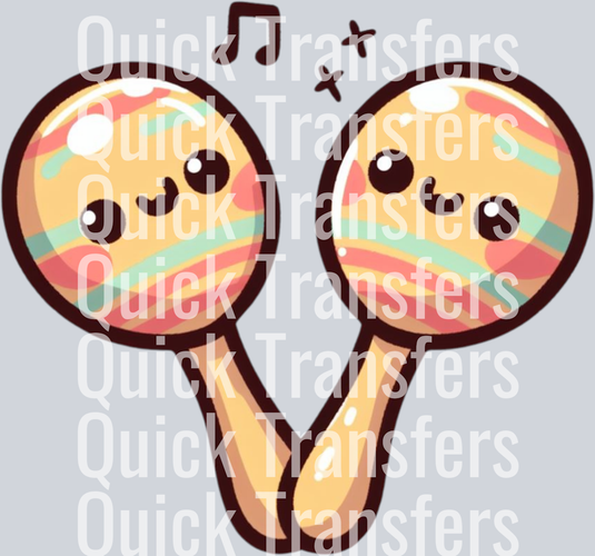 The Adorable Maracas Pair Vibrant Music Ready To Press Transfer from Quick Transfers features two smiling cartoon maracas with colorful stripes and musical notes—cheerful and lively, perfect for your next project.