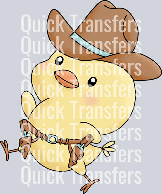 The Adorable Western Cowboy Chick Easter Graphic Transfer by Quick Transfers features a cute yellow chick in a cowboy hat and holster belt—perfect for custom apparel or Easter DTF transfers.