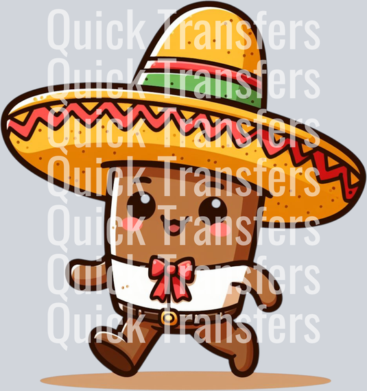 A cute cartoon in a sombrero and Mexican outfit smiles and walks energetically.