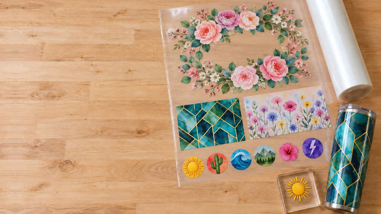 Wide UV DTF gang sheet on a wood workbench holding a floral design, two tumbler wraps and a row of round stickers, next to a wrapped tumbler and a clear acrylic block with a sun sticker