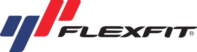 Logo of Flexfit with stylized red and blue design elements resembling parallel lines on the left, and the word 