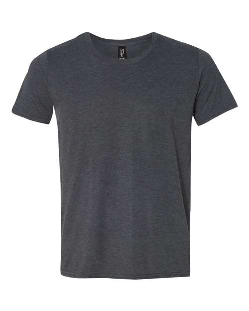 Load image into Gallery viewer, A plain dark gray Gildan Softstyle® Triblend T-Shirt with a round neckline set on a white background. Crafted for comfort with ultra-soft hand fabric, it showcases a classic design and is produced using sustainable practices.
