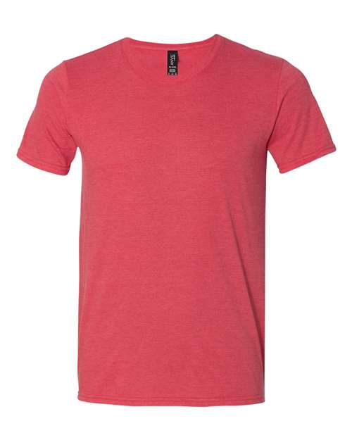 Load image into Gallery viewer, A Gildan - Softstyle® Triblend T-Shirt, featuring a red short-sleeved crew neck design, is set against a white background. The ultra-soft fabric looks slightly heathered, with a small black and white tag at the neckline.
