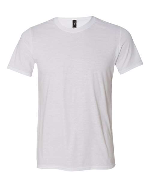 Load image into Gallery viewer, The Gildan Softstyle® Triblend T-Shirt, in plain white and featuring a crew-neck design, is displayed on a simple backdrop. It offers a clean appearance free from logos or patterns and includes moisture-management properties for all-day comfort.
