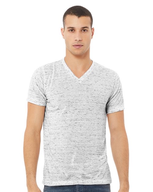 A person in a BELLA + CANVAS Textured Jersey V-Neck Tee, made from soft Airlume cotton and featuring versatile unisex sizing, stands facing forward against a plain background. With short hair and a neutral expression, their arms relaxed at their sides highlight the shirt's design.