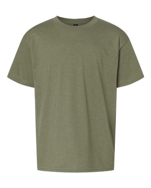 Load image into Gallery viewer, The Gildan Softstyle® Youth CVC T-Shirt in olive green is made from ring-spun cotton, featuring short sleeves and a classic round neckline. With a simple design, it&#39;s crafted sustainably for an eco-friendly choice and presented on a white background.
