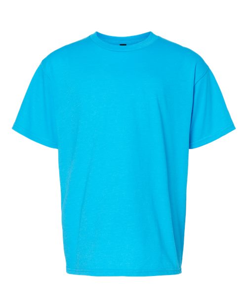 Load image into Gallery viewer, The Gildan Softstyle® Youth CVC T-Shirt in bright blue is shown against a white background. Made from ring-spun cotton, it features short sleeves, a round neckline, and a design focused on comfort and style. Crafted with sustainable manufacturing practices by Gildan.
