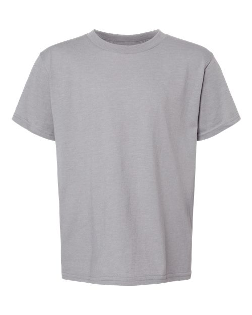 Load image into Gallery viewer, The Gildan - Softstyle® Youth CVC T-Shirt is a plain gray top made from soft ring-spun cotton, with short sleeves and a round neckline, shown against a white background.
