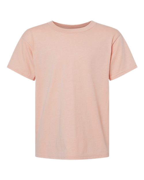 Load image into Gallery viewer, The Gildan - Softstyle® Youth CVC T-Shirt features short sleeves and a round neckline, crafted from OEKO-TEX certified, ring-spun cotton in a plain light pink color, displayed against a white background.
