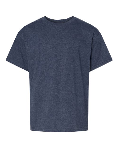 Load image into Gallery viewer, The Gildan Softstyle® Youth CVC T-Shirt, crafted from soft ring-spun cotton in plain dark blue, features short sleeves and a round neckline. It is sustainably made, OEKO-TEX certified, ensuring both environmental friendliness and skin safety. Displayed against a white background.
