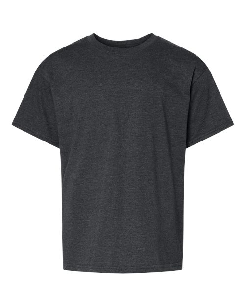 Load image into Gallery viewer, The Gildan - Softstyle® Youth CVC T-Shirt, in plain dark gray and made from ring-spun cotton, features a round neckline and short sleeves, on a white background. This Gildan T-shirt represents sustainable manufacturing for eco-conscious fashion enthusiasts.
