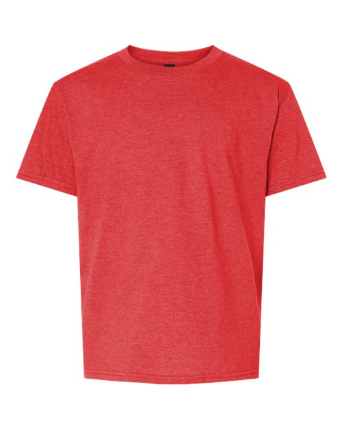 Load image into Gallery viewer, The Gildan Softstyle® Youth CVC T-Shirt is a plain red short-sleeve tee made from soft ring-spun cotton. It features a round neckline on a white background, offering comfort through its simple design and commitment to socially conscious manufacturing.
