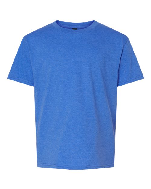 Load image into Gallery viewer, The Gildan Softstyle® Youth CVC T-Shirt, by Gildan, is shown on a white background. This plain blue tee features a classic crew neck and short sleeves, with a smooth front and back design made from soft ring-spun cotton through sustainable manufacturing.
