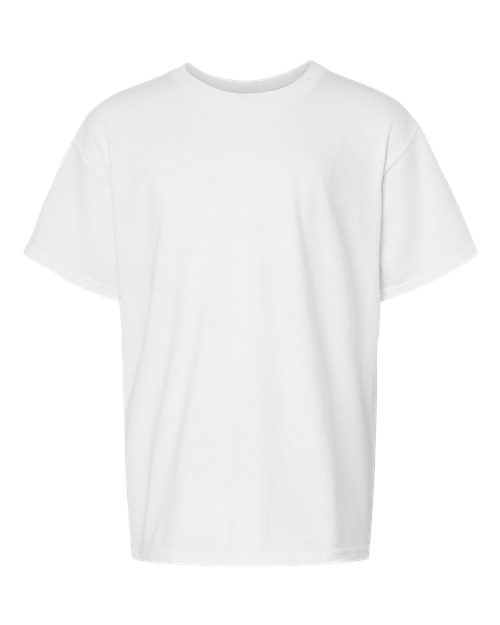 Load image into Gallery viewer, The Gildan - Softstyle® Youth CVC T-Shirt appears on a white background, crafted from soft ring-spun cotton. It features short sleeves, a round neckline, and embodies Gildan&#39;s commitment to sustainable manufacturing practices.
