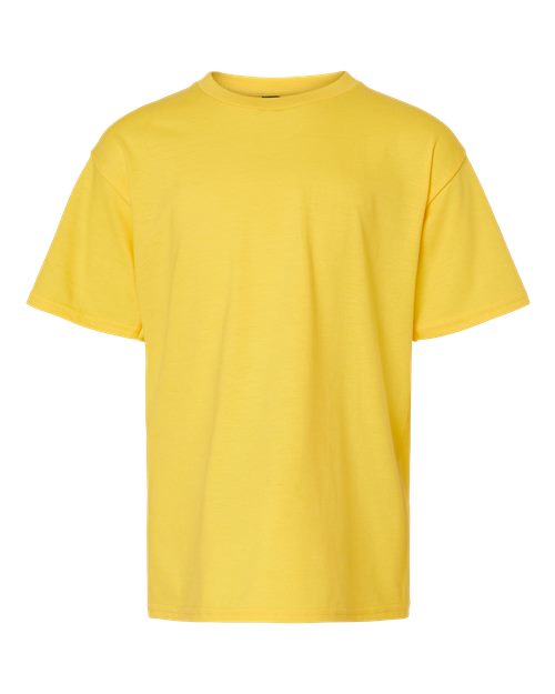 Load image into Gallery viewer, The Gildan Softstyle® Youth CVC T-Shirt is a plain yellow tee featuring short sleeves and a round neckline, made from soft ring-spun cotton, pictured on a white background.
